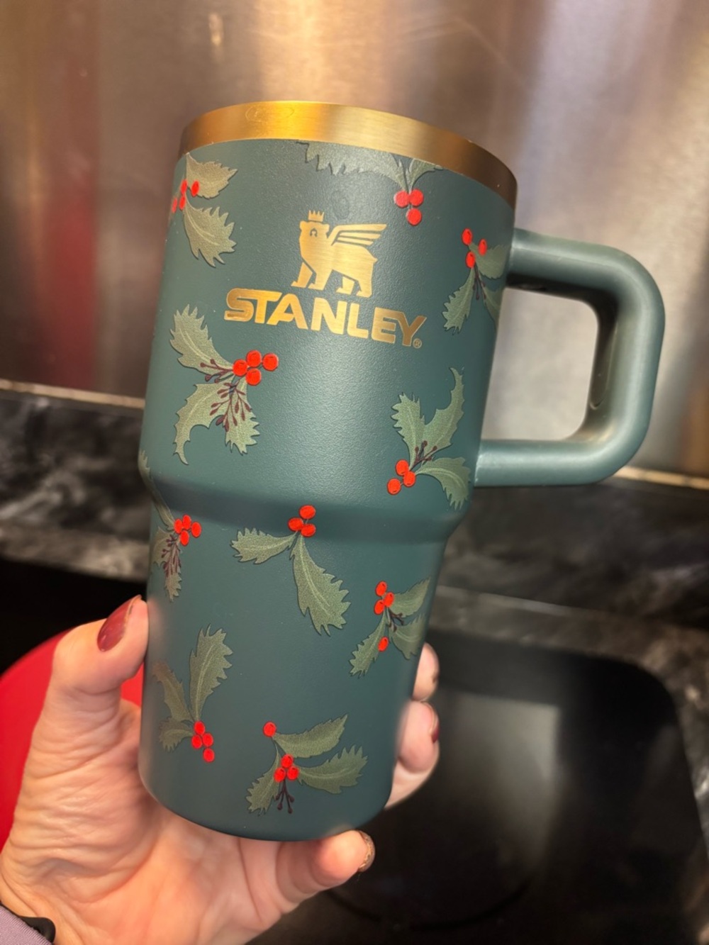 Stanley Green Travel Mug with Gold Logo and Red Holly